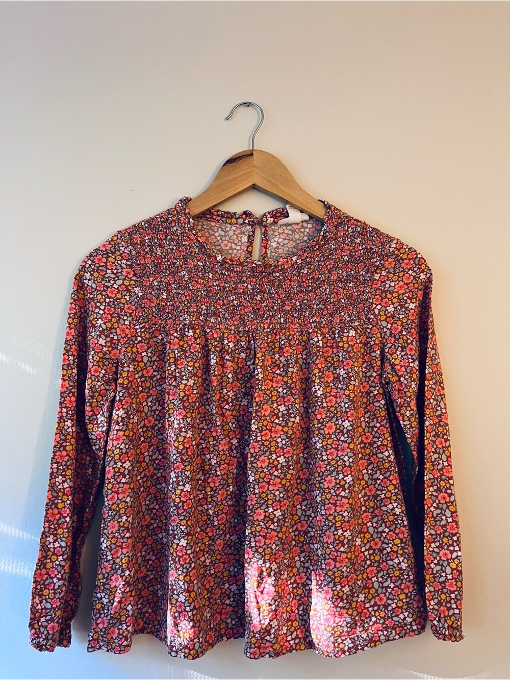 Cat & Jack, Long sleeve smocked floral printed blouse kids/girls, L 10/22 Orange